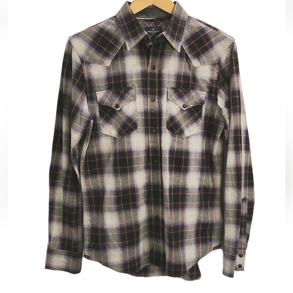Mens American Eagle Western Snap Brown, Purple Soft Cotton Plaid, Slim Fit Small